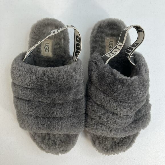 Ugg Sz 7 Oh Yeah Fluffy Double Strap Flat Slippers Slides Sandals in Grey - Picture 6 of 12